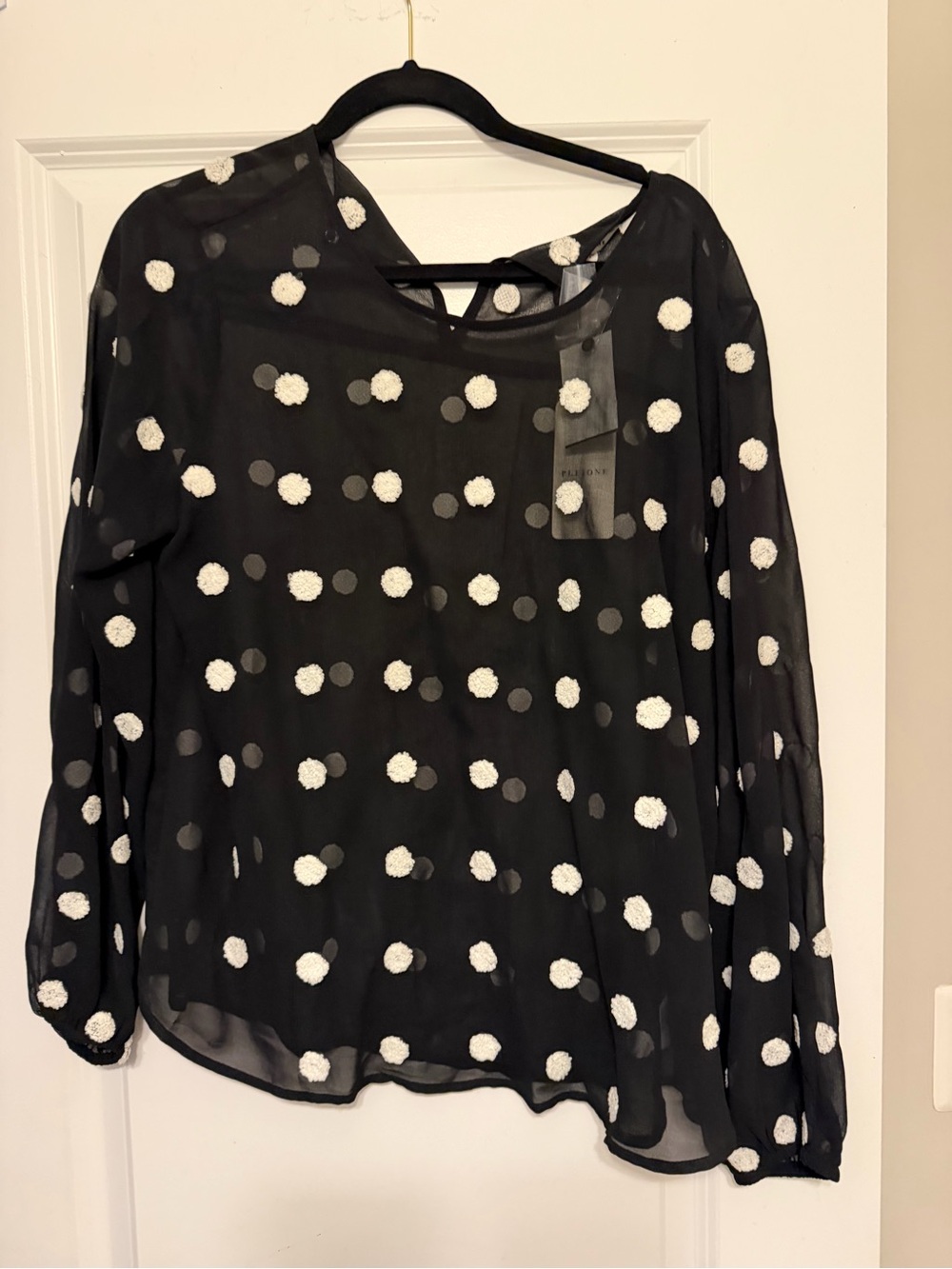 Pleione Black Sheer Long-Sleeve Polka Dot Blouse